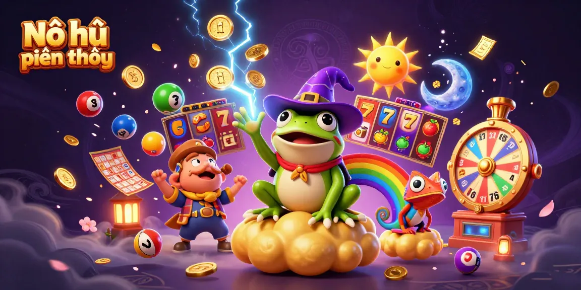 Nổ hũ thợ săn tiền thưởng showcases a frog wizard surrounded by slot reels, vibrant colors, and magical elements, enhancing player excitement.