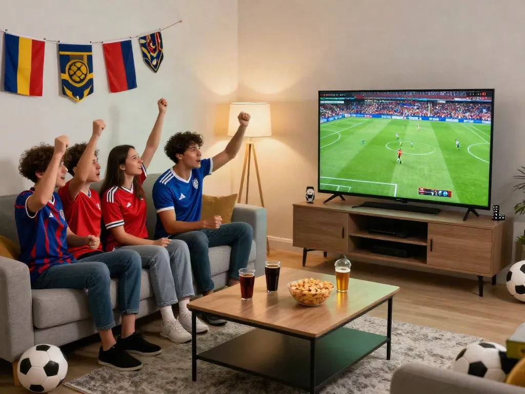 Thapcamtv fans enjoying a live football match at home with lively atmosphere.