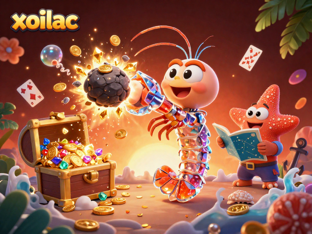 Xoilac celebrates win with galactic samurai mantis shrimp and treasure amid colorful gems and coins.