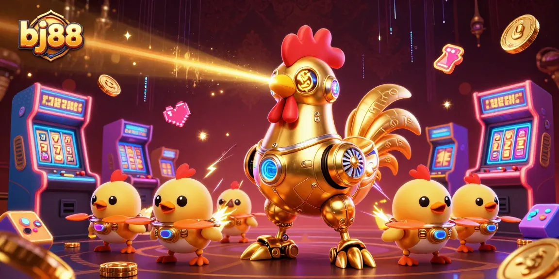 Experience thrilling casino adventures with bj88, featuring a golden rooster robot and dynamic game elements.