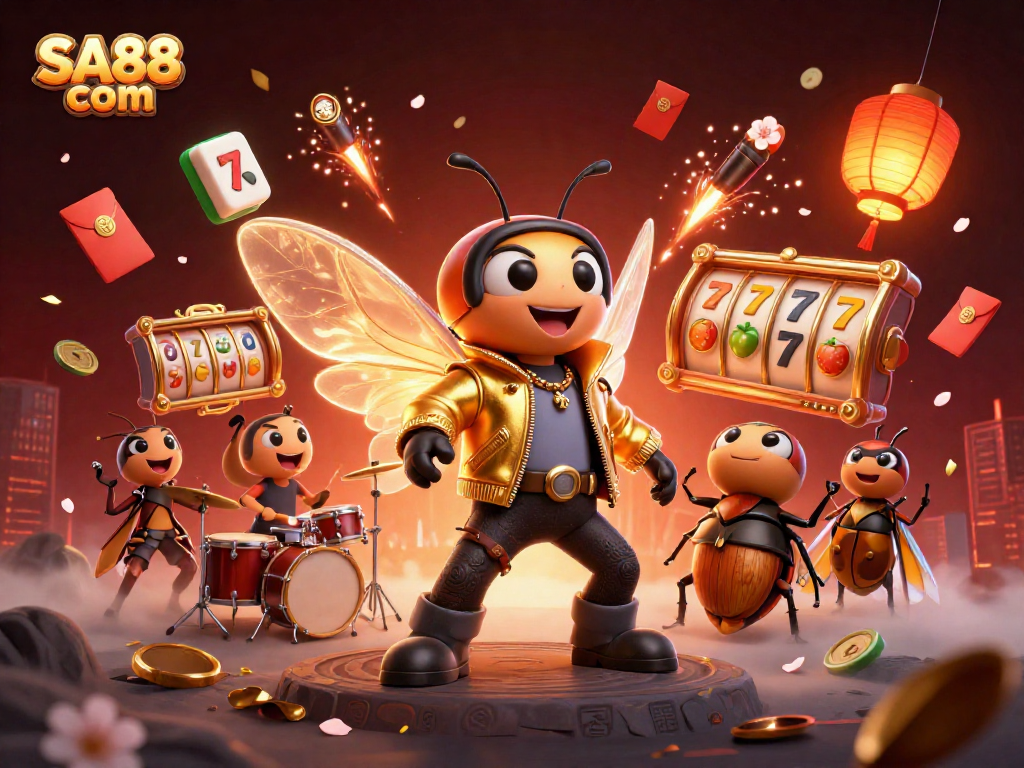 Experience thrilling gameplay at SA88 com with vibrant slot reels and engaging rock star characters.