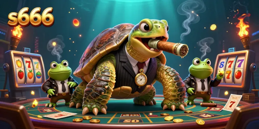 Watch the massive snapping turtle and bullfrog enforcers enjoy exciting games at s666 casino, surrounded by vibrant slot elements.