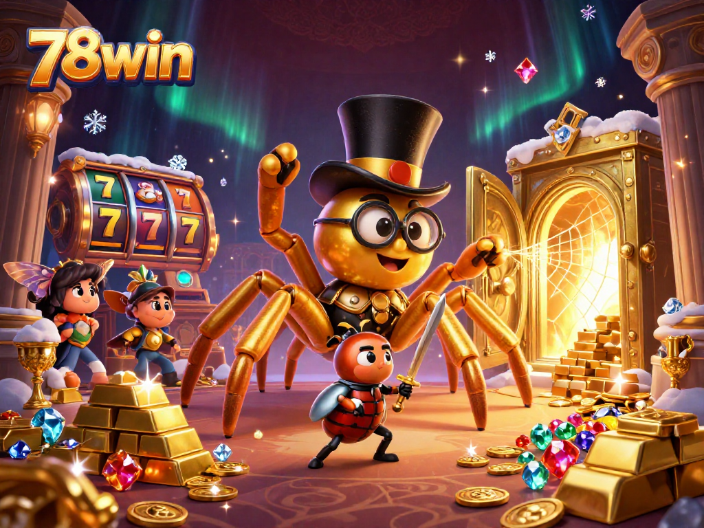 Experience the thrill of 78win with a captivating scene featuring a giant golden tarantula weaving riches.