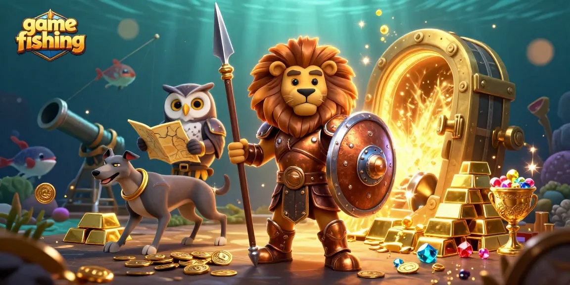 Experience thrilling game fishing action with vibrant underwater characters, treasure, and explosive elements.