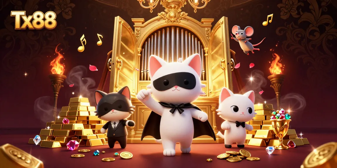 Experience the thrill of Tx88 with a captivating casino scene featuring a phantom cat and treasures.