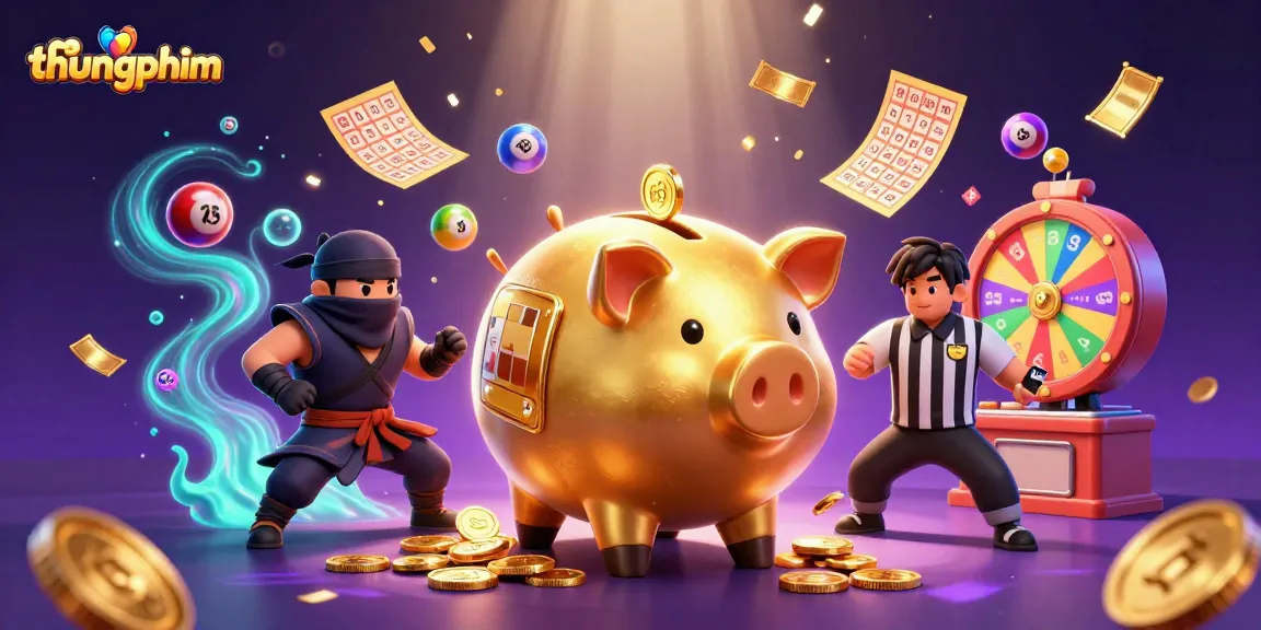 Engage with thungphim as a dynamic golden piggy bank and friends celebrate winnings in casino-themed fun.
