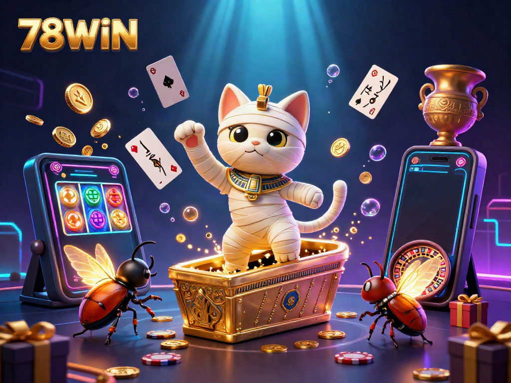 Experience thrilling gameplay at 78WIN with an Egyptian mummy cat and glowing elements.