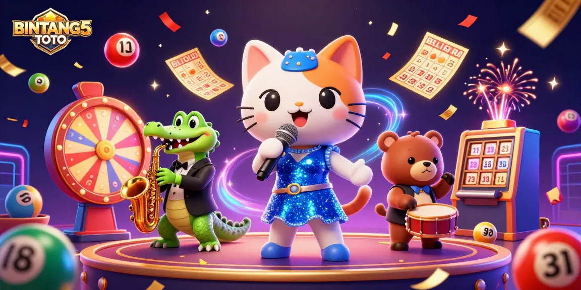 Experience the fun with BINTANG5TOTO at the lively casino stage full of vibrant games and characters.