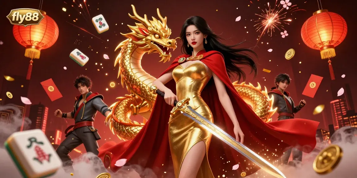 Experience the excitement of fly88 with a dynamic online gambling scene featuring a warrior queen and golden dragon.