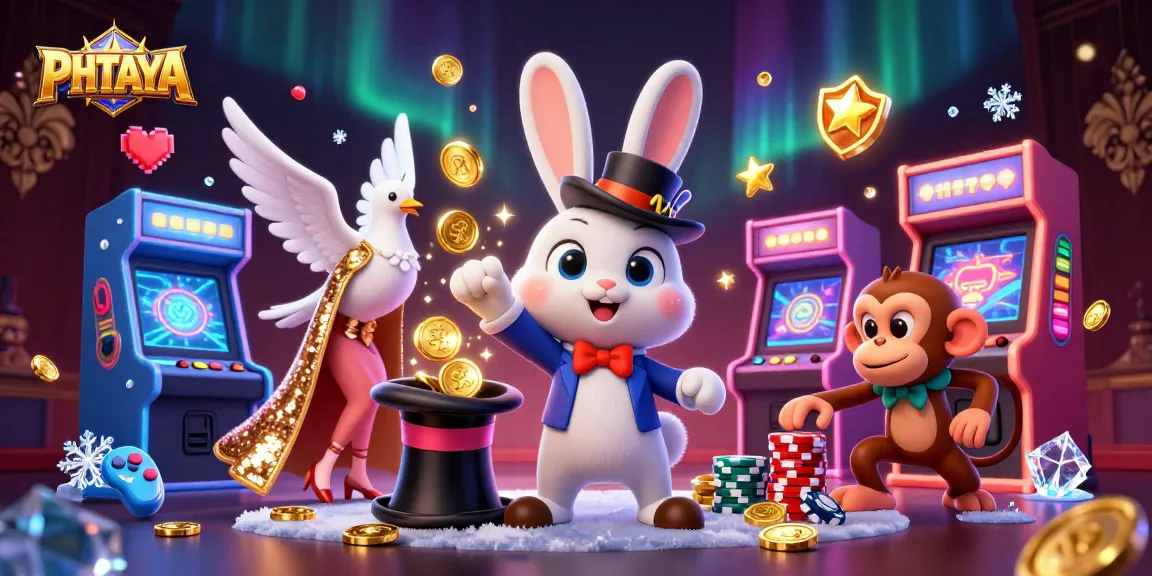 PHTAYA platform showcases a dynamic 3D scene with characters celebrating winnings and interactive casino elements.