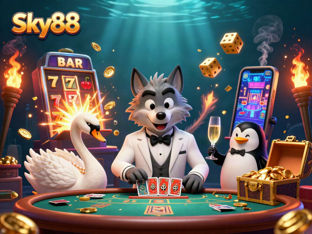 Join the excitement at Sky88 with vibrant 3D characters enjoying casino games and slots.