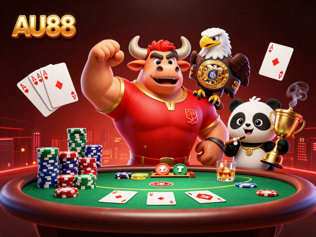Bet on big with AU88 as a muscular bull mascot wins surrounded by colorful poker elements.
