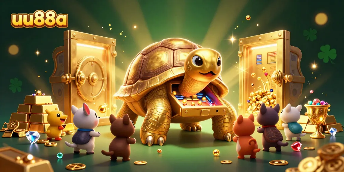 Join the excitement of uu88a as animals gather to play around a colossal golden pinball tortoise in a casino.