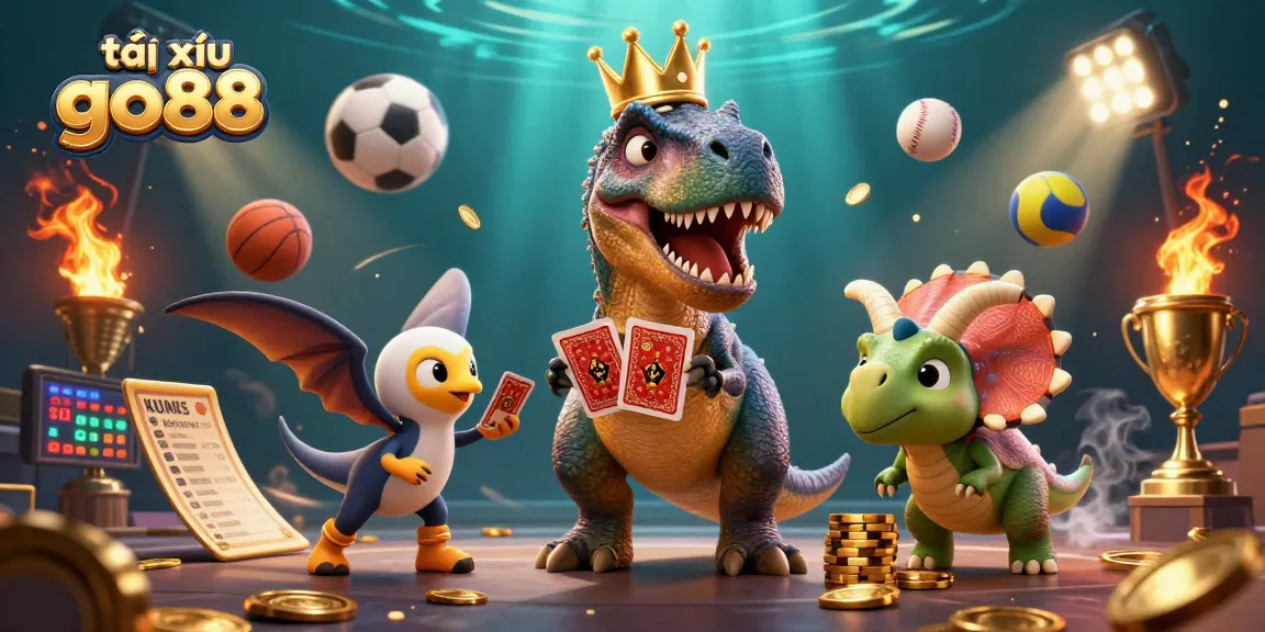 Engage in tài xỉu go88 action with a T-Rex shuffling cards and a triceratops stacking chips in a dynamic casino scene.