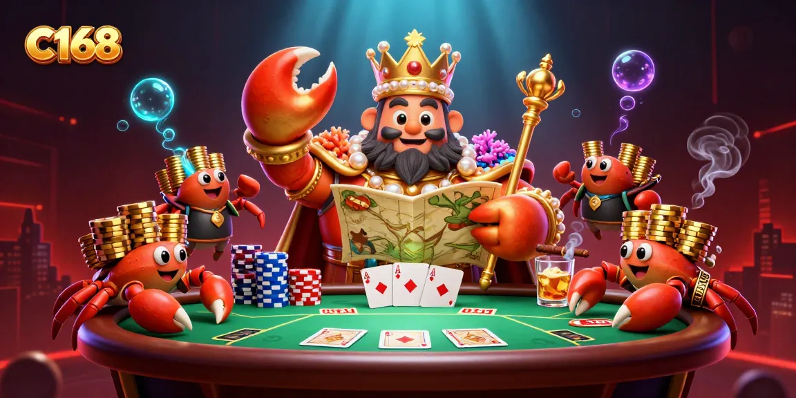 Experience C168's vibrant casino scene with a majestic crab emperor in a poker-rich environment.