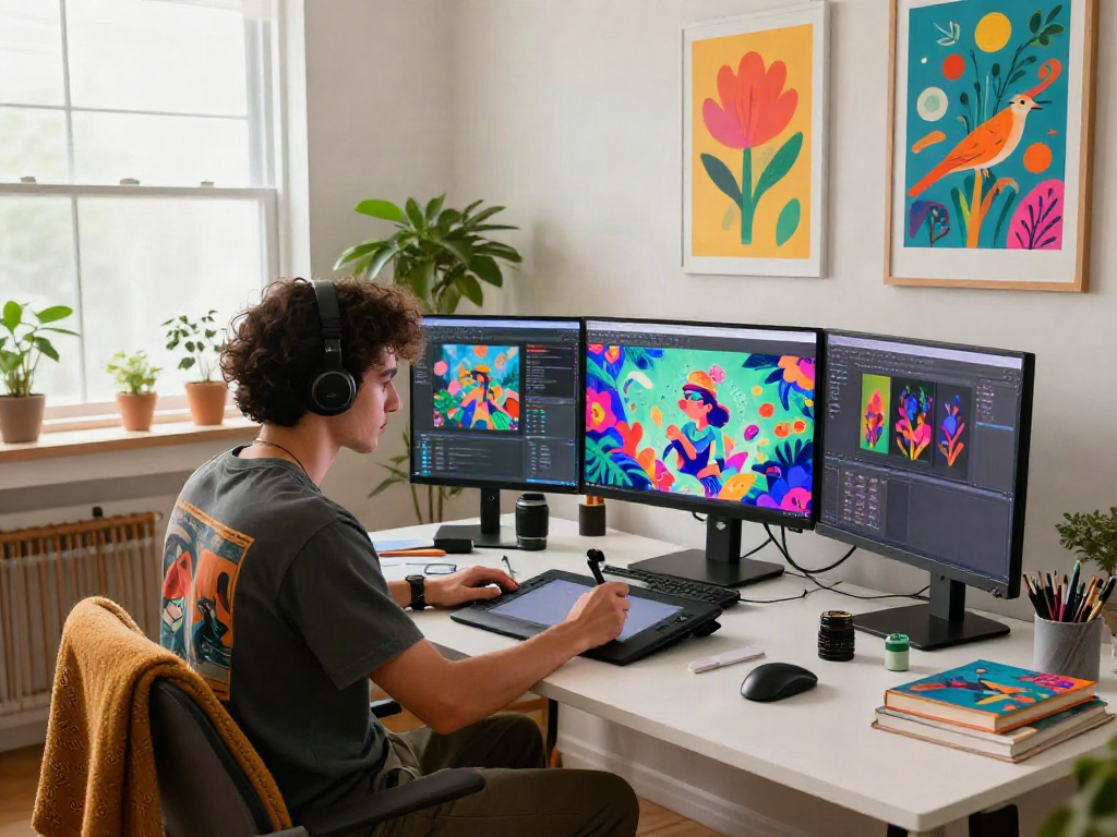 Creative digital artist using nsfw ai tools in a vibrant tech workspace