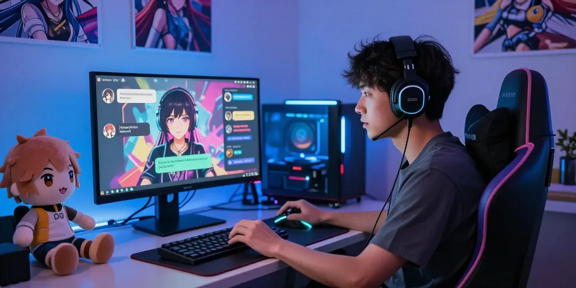 Engaging AI chat hentai interaction with a virtual anime character on a sleek computer setup, colorful ambient lighting.