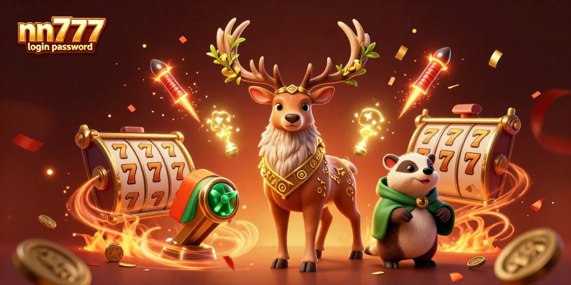 Spin the reels at NN777, showcasing vibrant characters and festive elements of luck and excitement.