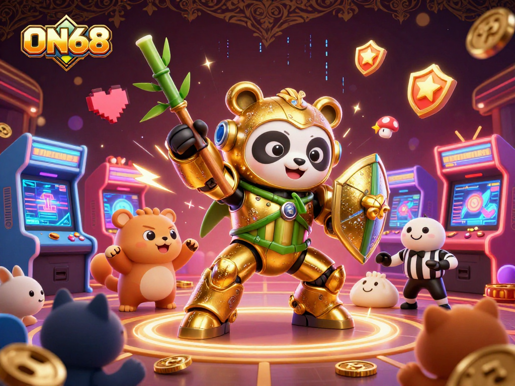 Engage in exciting games at ON68 with a vibrant 3D illustration showcasing a golden panda in a mech suit battling in a lively casino arena.