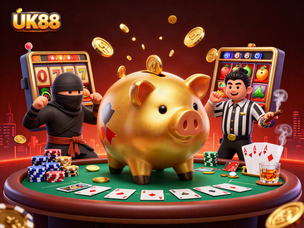 Enter the exciting world of UK88 with a dynamic casino scene featuring a sumo wrestler and ninja.