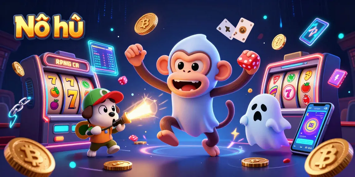 Nổ hũ reveals a playful scene with a mischievous monkey juggling coins in a haunted casino.