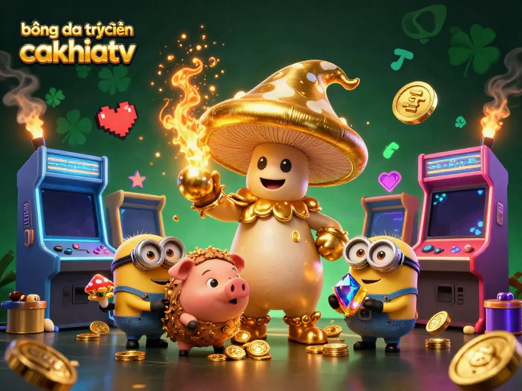 Engaging illustration showcasing bóng đá trực tuyến cakhiatv featuring a magical golden mushroom wizard and treasure-seeking pig
