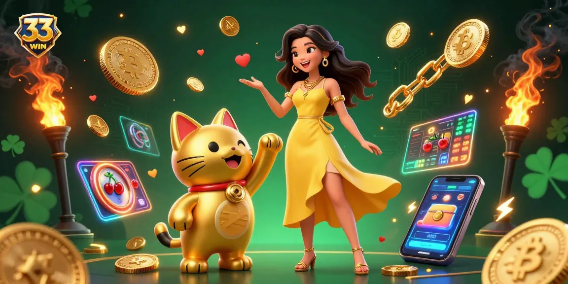 Engage with 33WIN's vibrant casino scene featuring a joyful woman and golden lucky cat amidst slot reels and crypto elements.