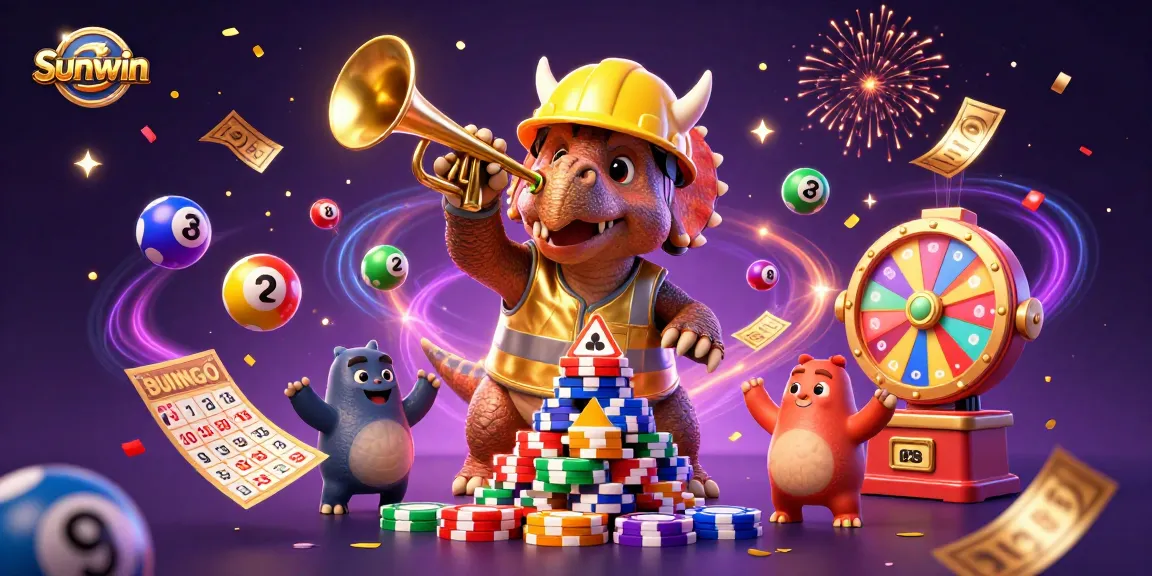 Sunwin casino scene with a triceratops celebrating as colorful lottery balls bounce around in a vibrant atmosphere.