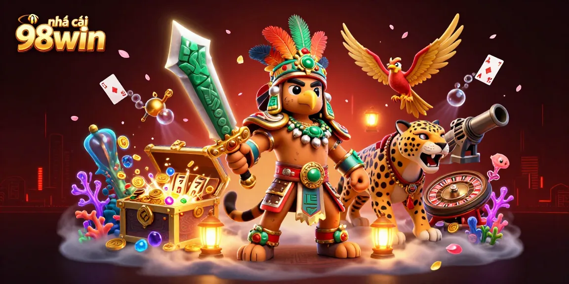 Experience thrilling wins at nhà cái 98win with vibrant illustrations of slots and gaming adventures.