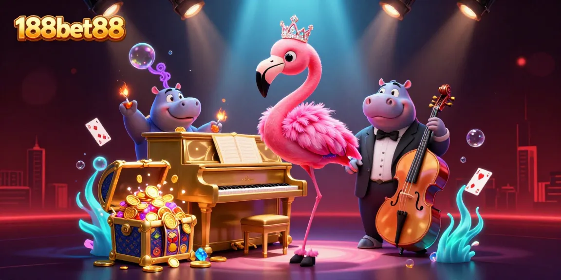 Experience the vibrant gaming world of 188bet88 with a lively flamingo singer and dynamic casino elements.