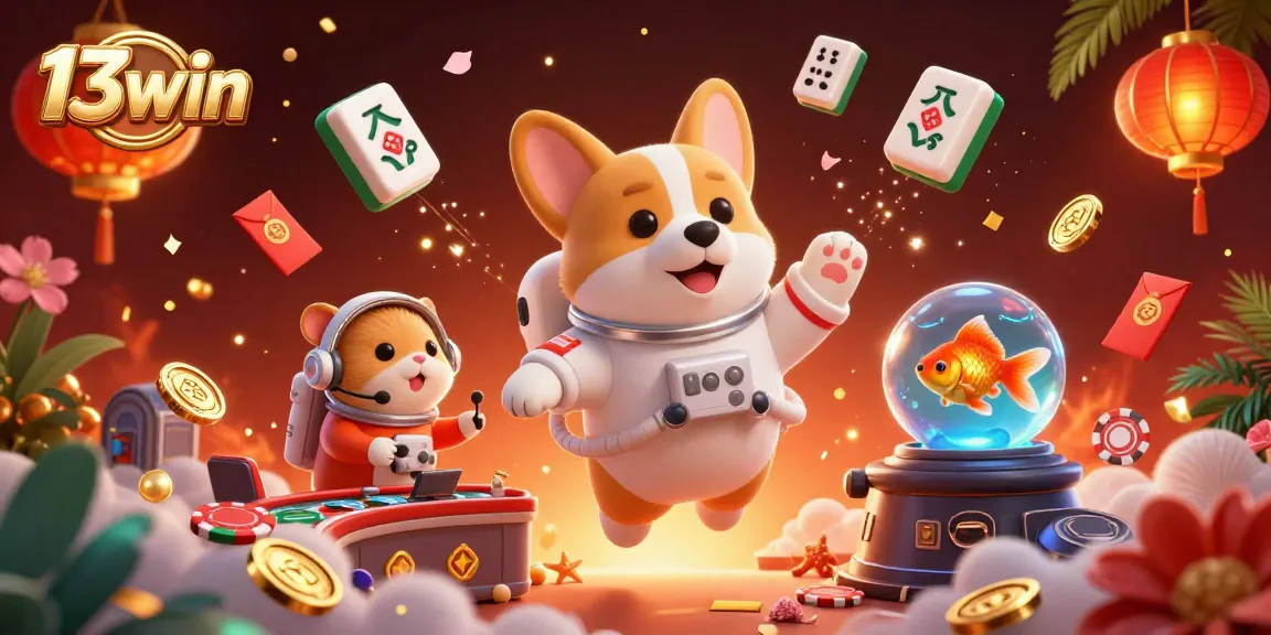 Experience the thrill with 13win in this vibrant casino space featuring playful characters and dynamic gaming elements.