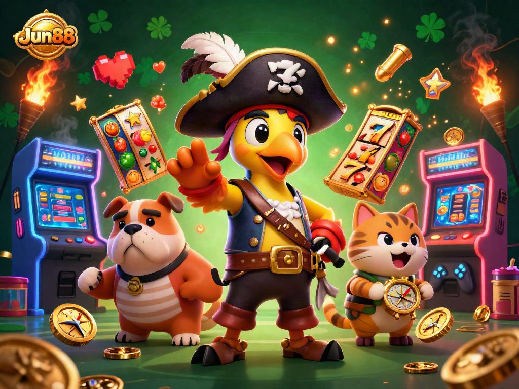 Engage in thrilling casino adventures with Jun88 featuring vibrant slot reels and charismatic characters.