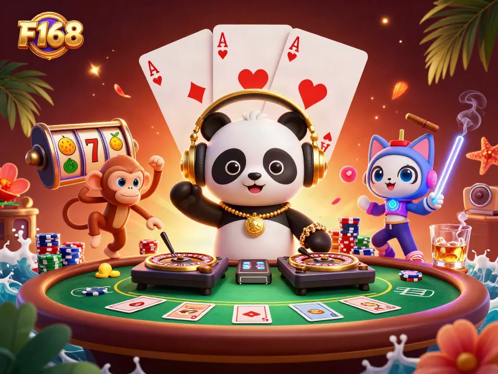 Spin the reels at F168 with a DJ panda, breakdancing monkey, and rave kitten.