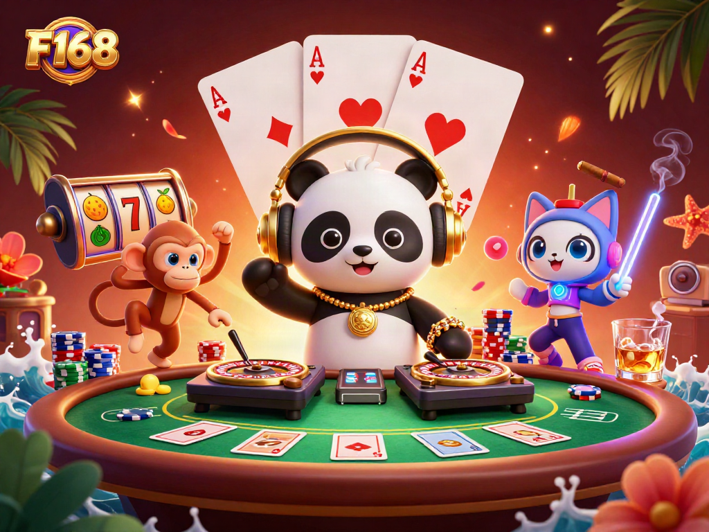 Spin the reels at F168 with a DJ panda, breakdancing monkey, and rave kitten.