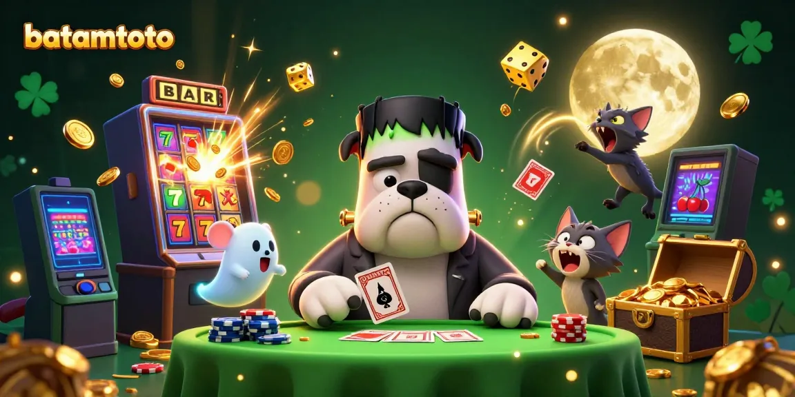 Engage with batamtoto-themed 3D casino scene featuring a Frankenstein bulldog dealer and slot machine jackpot.