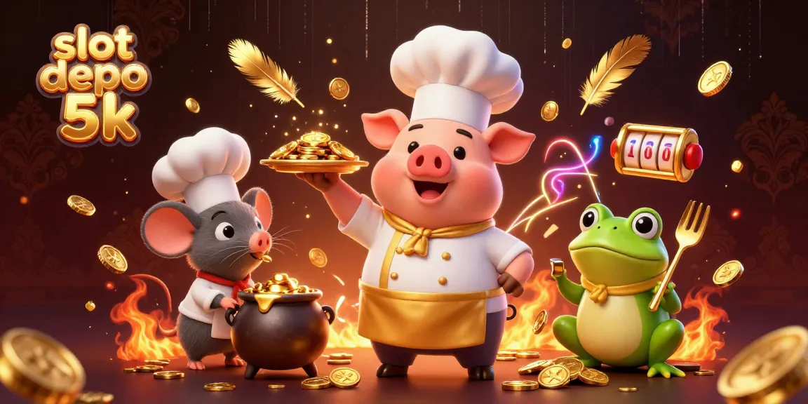 Chef pig serving gold coins in a vibrant casino scene with slot elements, "slot depo 5k".
