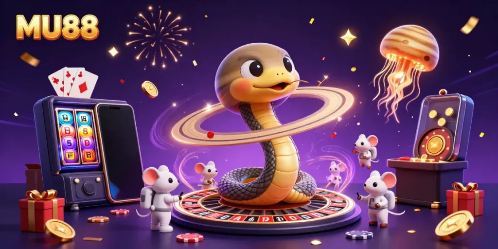 Experience excitement with MU88 in this vibrant casino-themed scene featuring cosmic characters and games