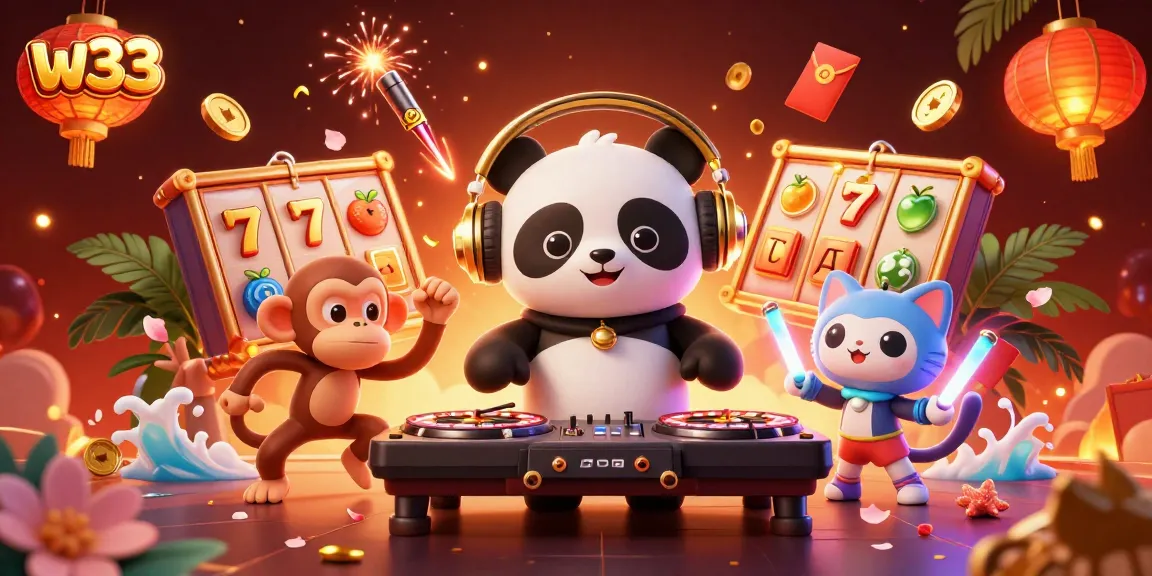 Spin and win at w33 with a vibrant casino scene featuring DJ panda, breakdancing monkey, and glowing kitten.