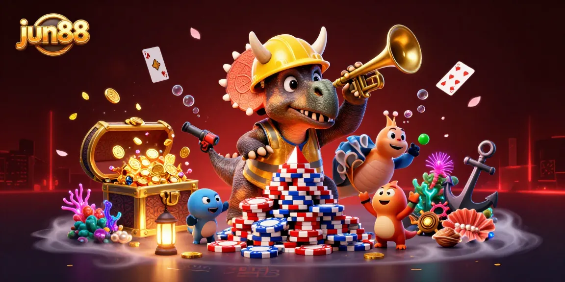 Experience fun gaming adventures with jun88's vibrant casino-themed illustration