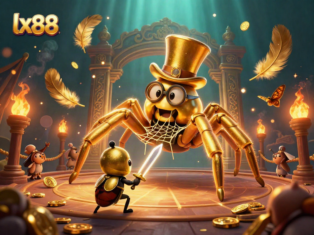 Engage in exciting gameplay at lx88 with a golden tarantula, beetle knight, and vibrant casino atmosphere.