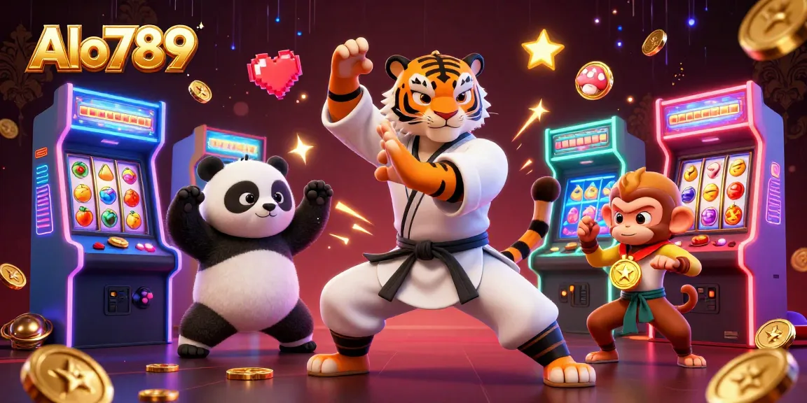 Alo789 features a 3D kung fu tiger master and panda disciple in a vibrant casino setting, showcasing gaming excitement.