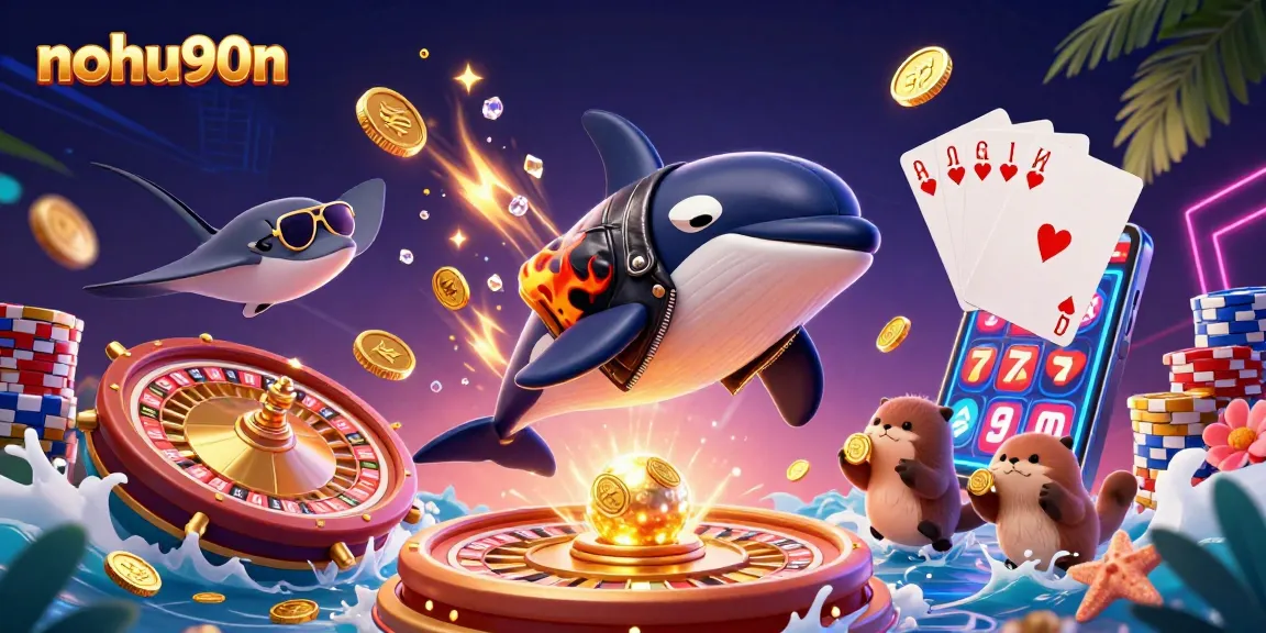 Nohu90n promotes exhilarating wins with golden coins while showcasing vibrant casino elements, including a spinning roulette and playful characters.