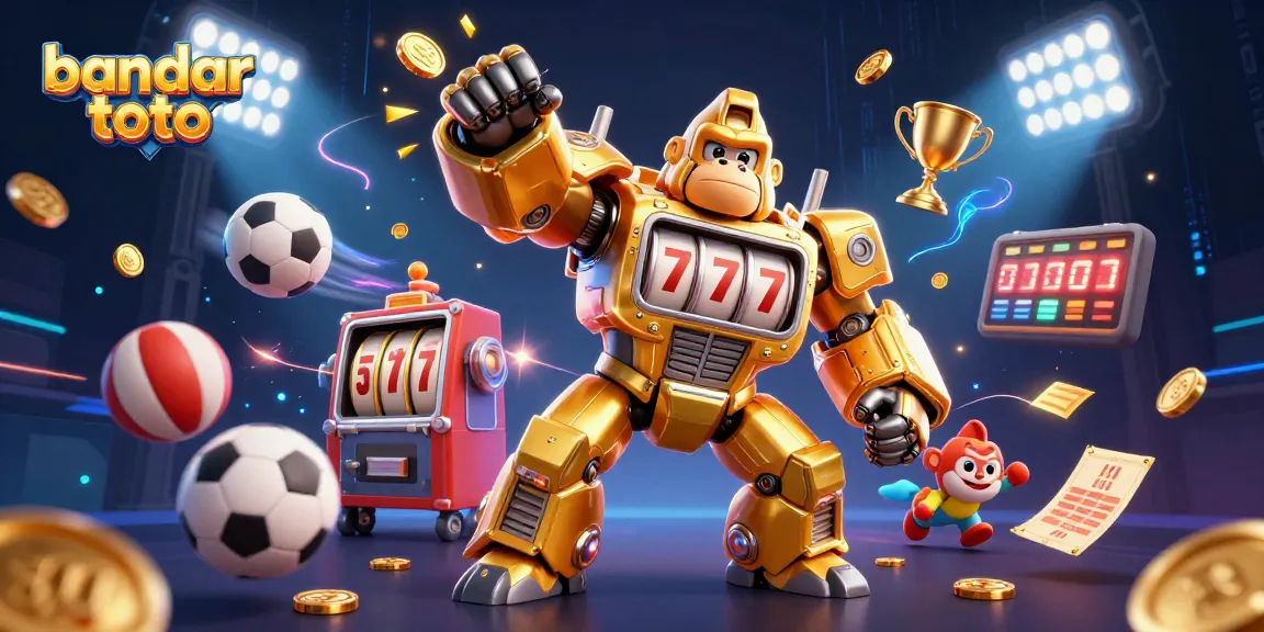 Experience the excitement of bandar toto with a golden gorilla mech amidst dynamic sports elements and glowing trophies.
