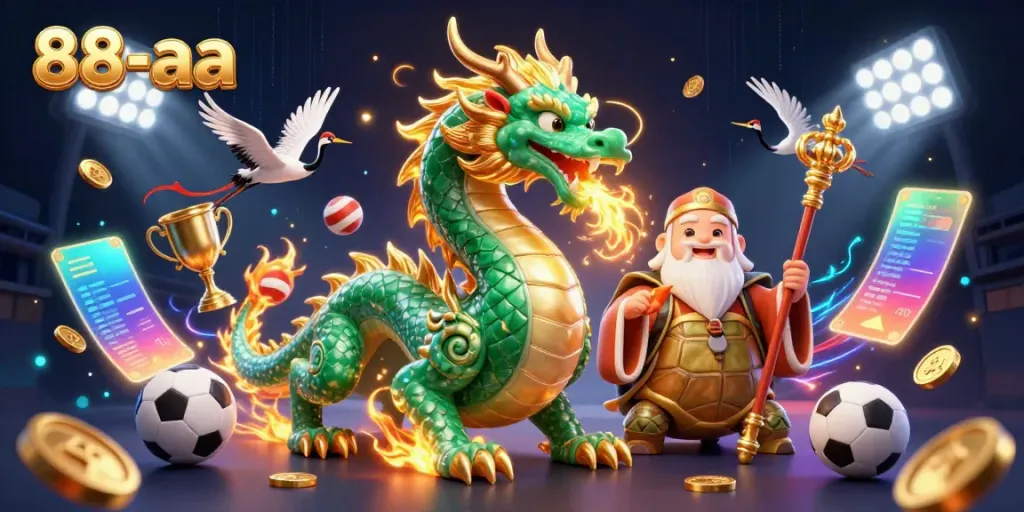A dynamic illustration showcasing the magic of 88-aa with a jade dragon, turtle sage, and lucky cranes in a vibrant casino atmosphere.