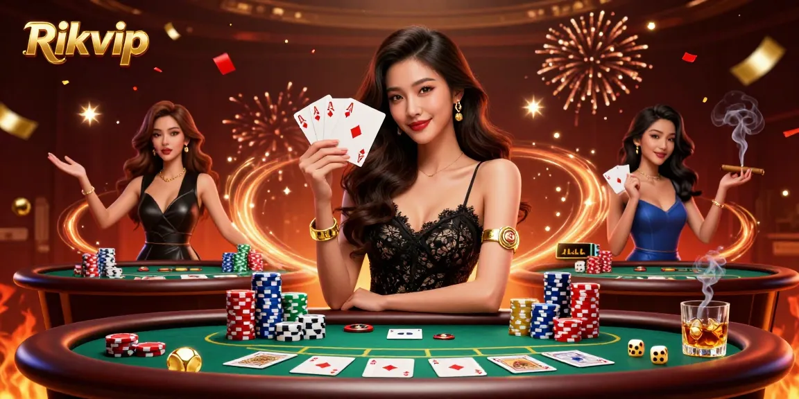 Win big with Rikvip at the vibrant casino, as an elegant woman reveals her winning hands of cards.