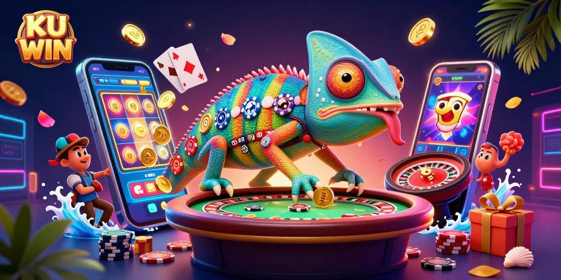 Engage in the excitement of KU WIN with a colorful 3D casino scene bursting with activity.