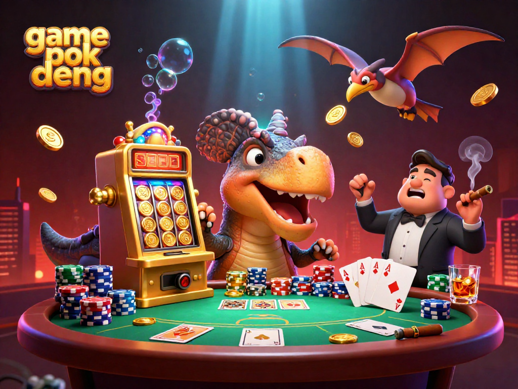 Play game pok deng with dynamic casino illustration, featuring active characters and vibrant gambling elements.