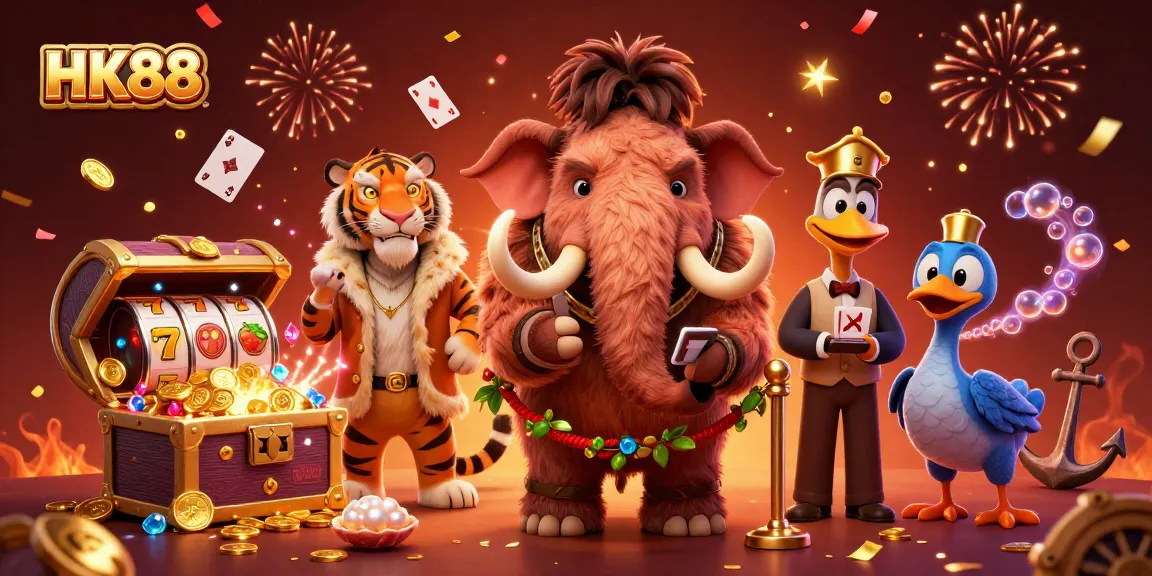 HK88 invites players to join with a vibrant casino scene featuring unique characters and slot elements.