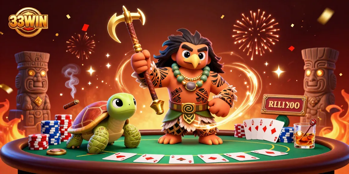 Engage in thrilling poker action with 33WIN, featuring powerful characters and gambling elements.