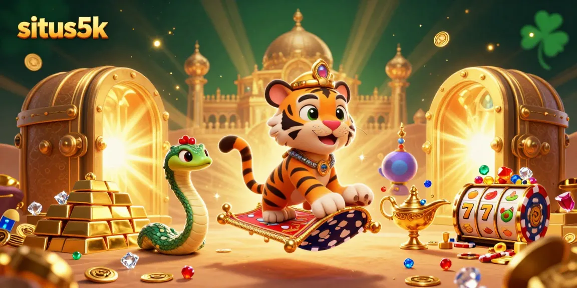 Engage with situs5k's vibrant gaming world featuring a tiger sultan, magic lamp, and slot reels.